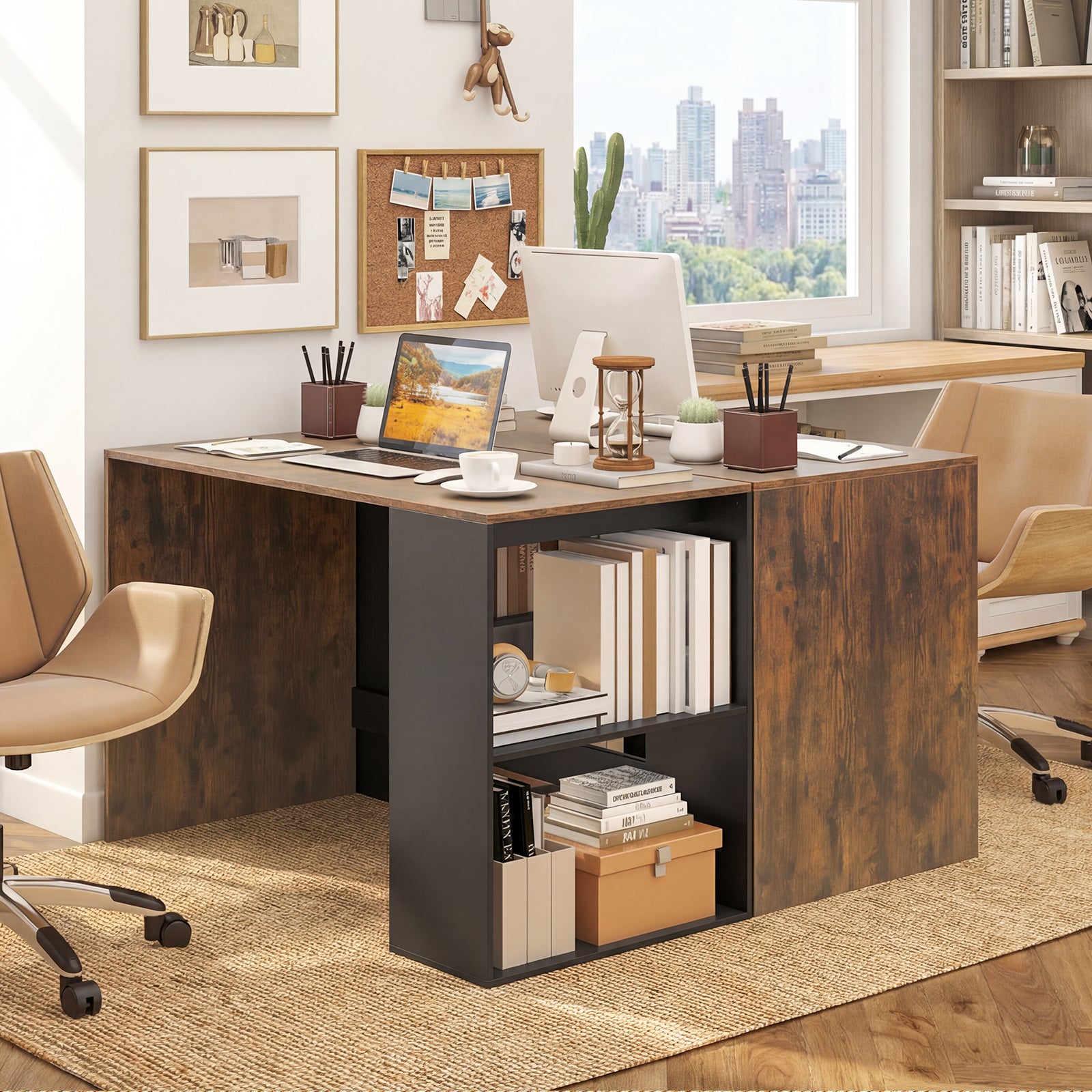 44 Inch Wooden Computer Desk with Bookshelf for Small Space-Rustic Brown and Black