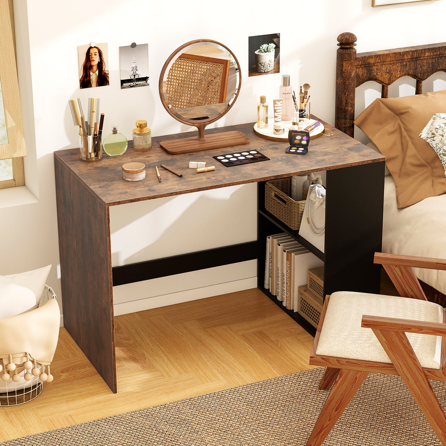 44 Inch Wooden Computer Desk with Bookshelf for Small Space-Rustic Brown and Black