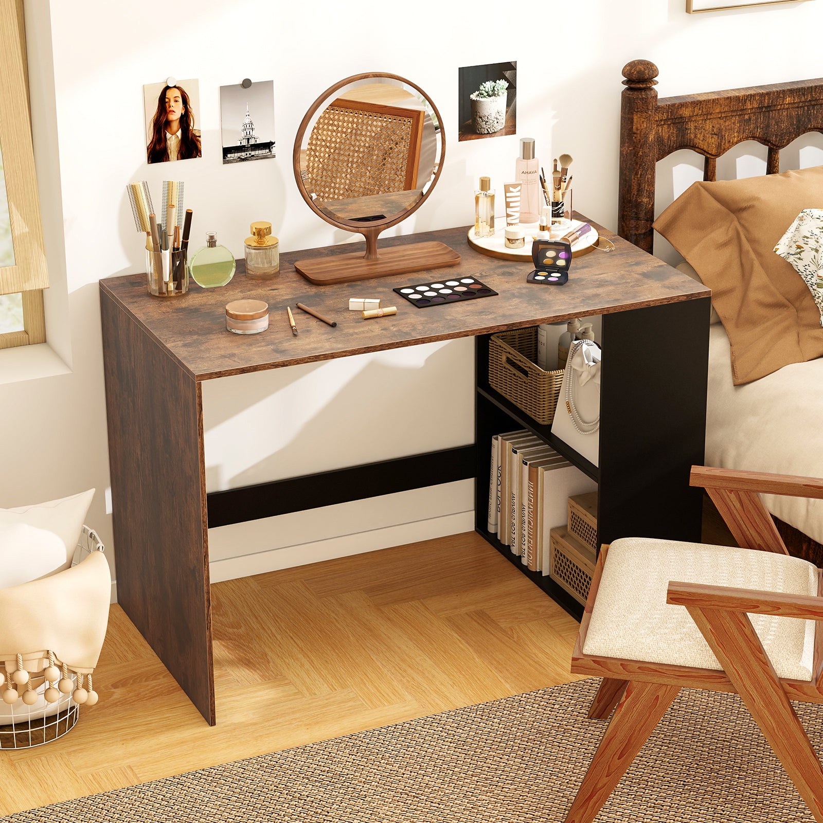 44 Inch Wooden Computer Desk with Bookshelf for Small Space-Rustic Brown and Black
