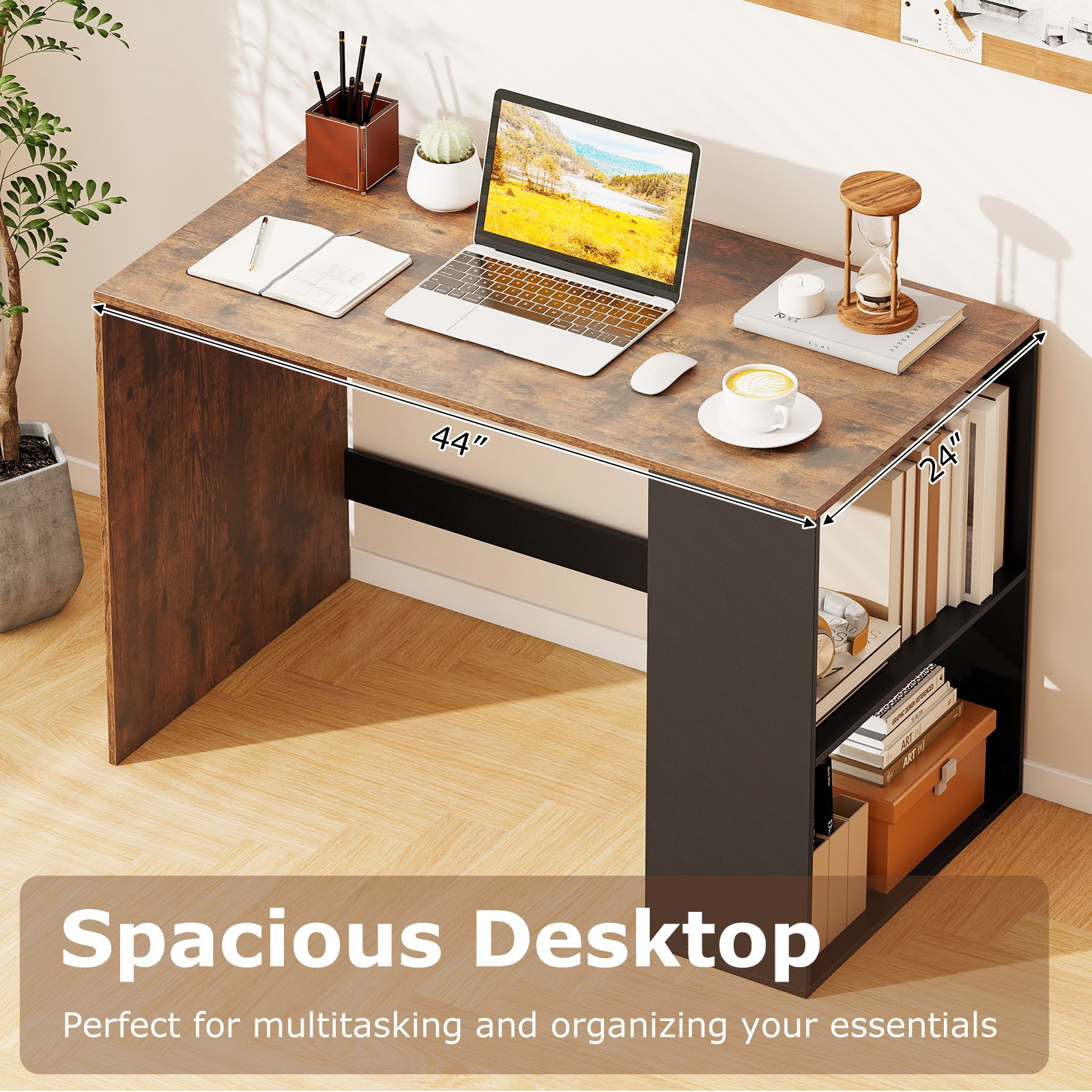 44 Inch Wooden Computer Desk with Bookshelf for Small Space-Rustic Brown and Black