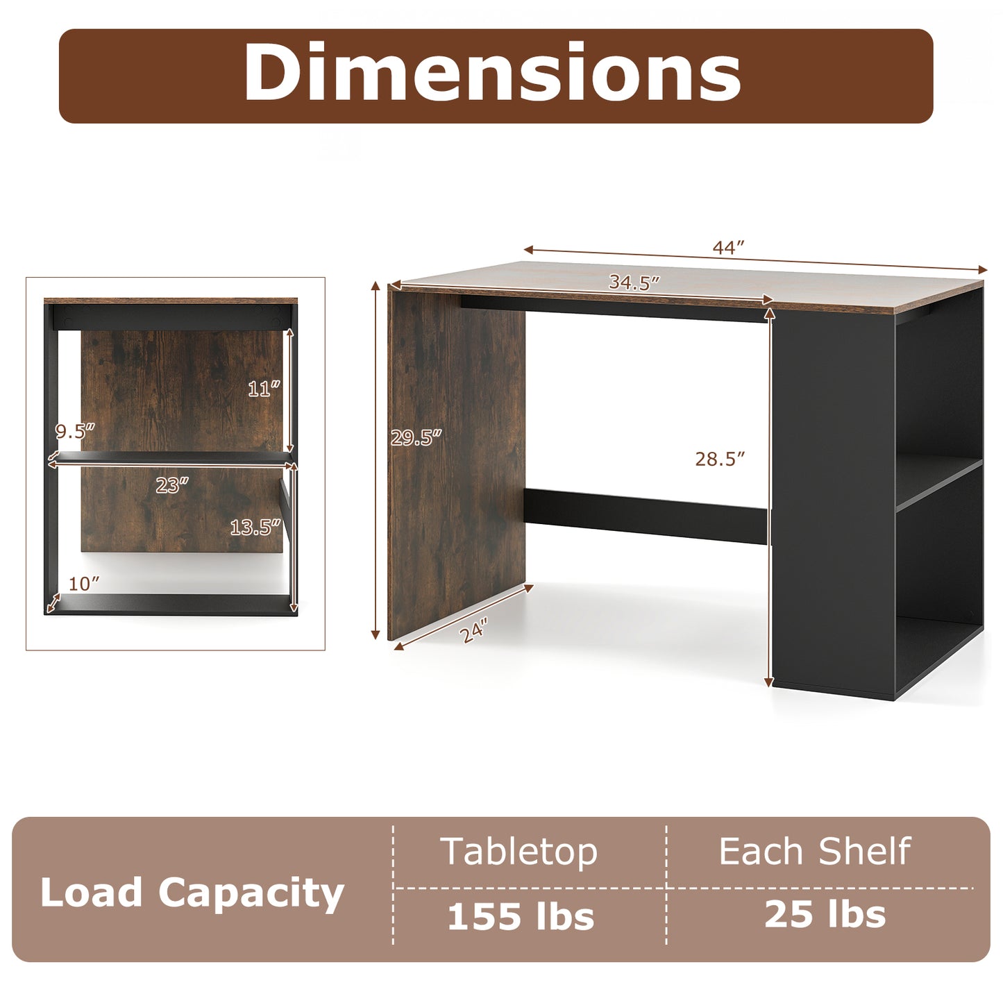44 Inch Wooden Computer Desk with Bookshelf for Small Space-Rustic Brown and Black