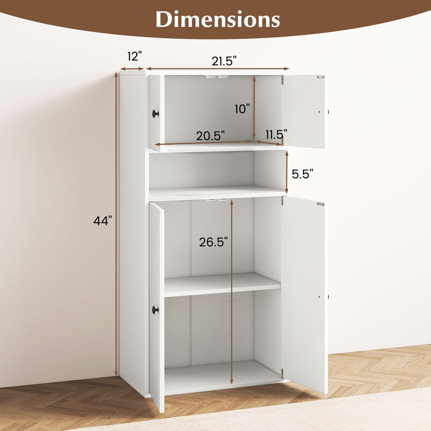 44 Inches Tall Bookshelf with Doors and Adjustable Shelf-1 Piece