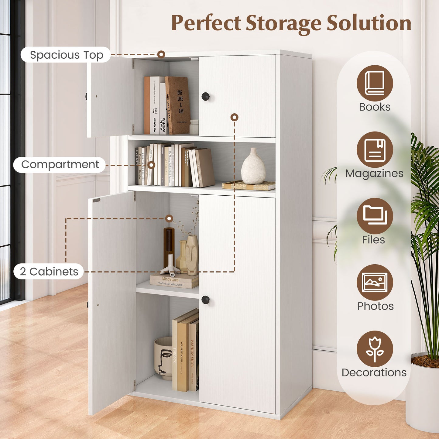 44 Inches Tall Bookshelf with Doors and Adjustable Shelf-1 Piece