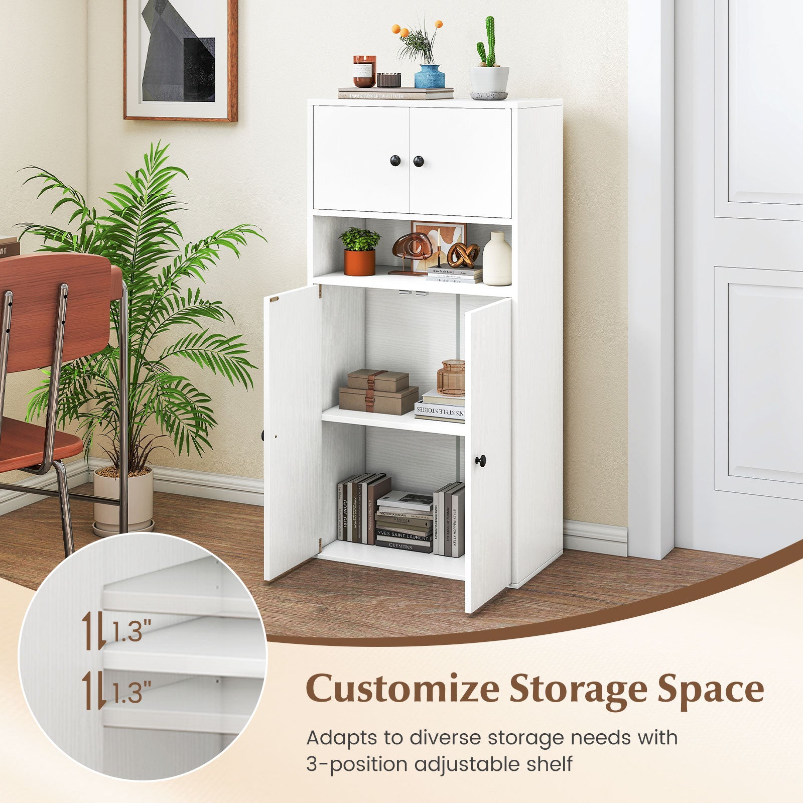 44 Inches Tall Bookshelf with Doors and Adjustable Shelf-2 Pieces