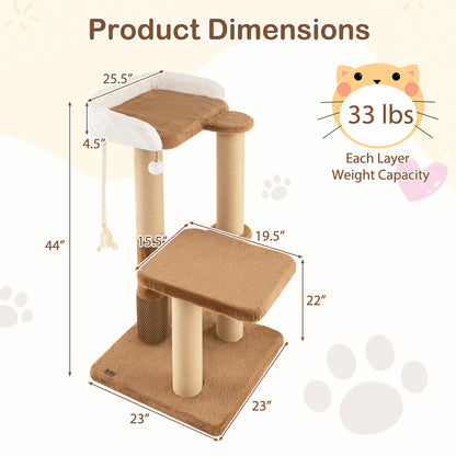 44 Inches Modern Cat Tree for Indoor Cats with Plush Padded Perch and Dangling Ball-Coffee