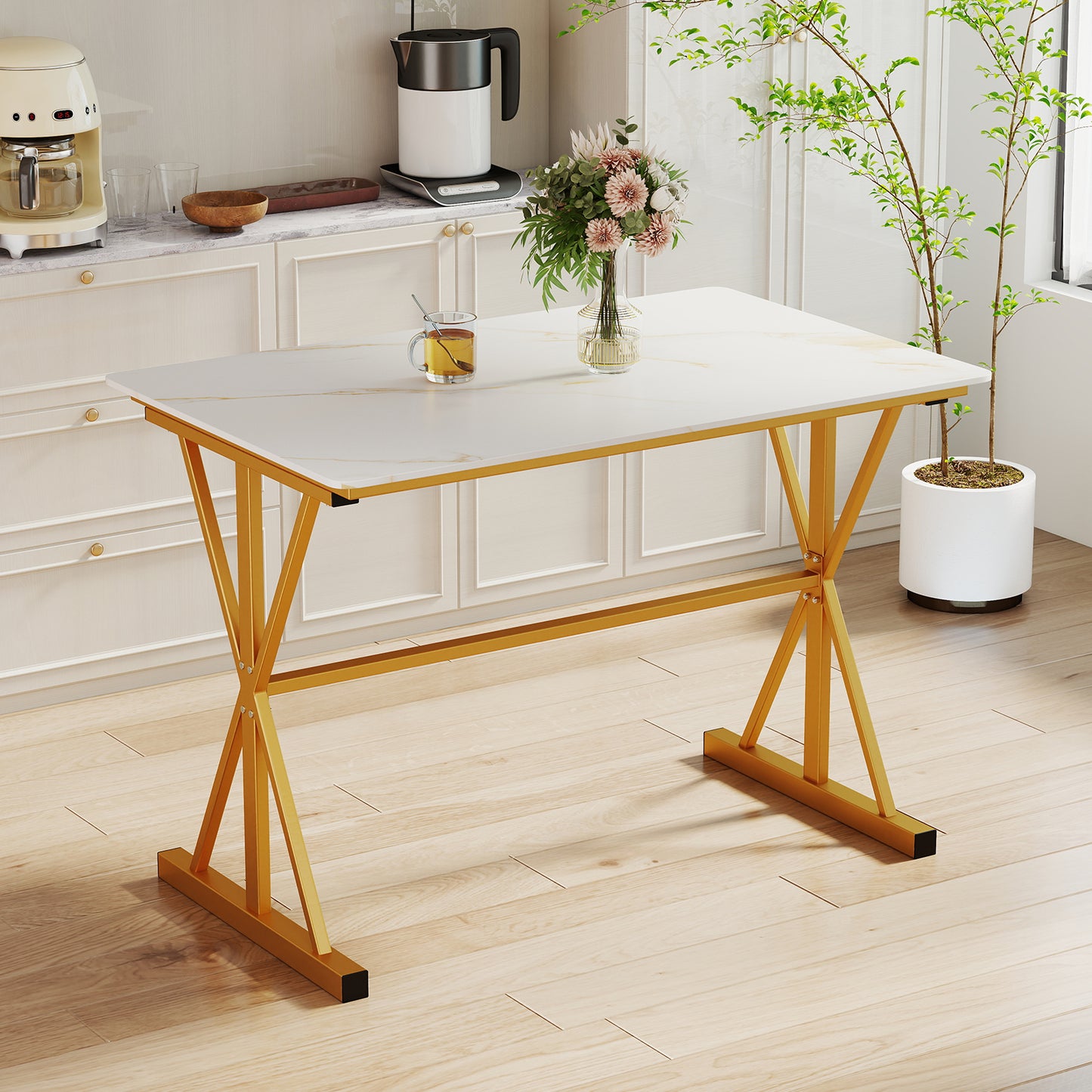 44 Inches Sintered Stone Dining Table with Metal Frame and Faux Marble Tabletop-White