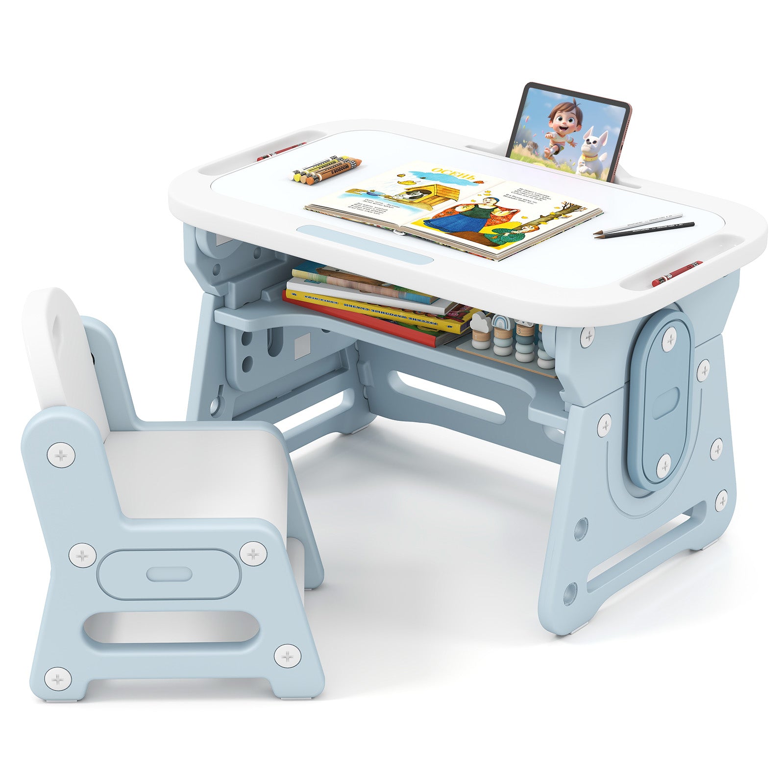 Height Adjustable Kids Table and Chair Set with Tiltable Whiteboard and Concave Shelf-Blue