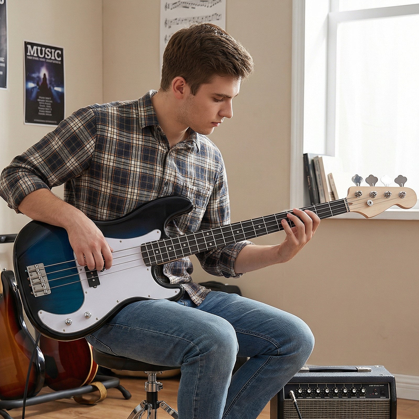 45.5 Inch Electric Bass Guitar with Double Pickups and Gig Bag for Beginners-Blue