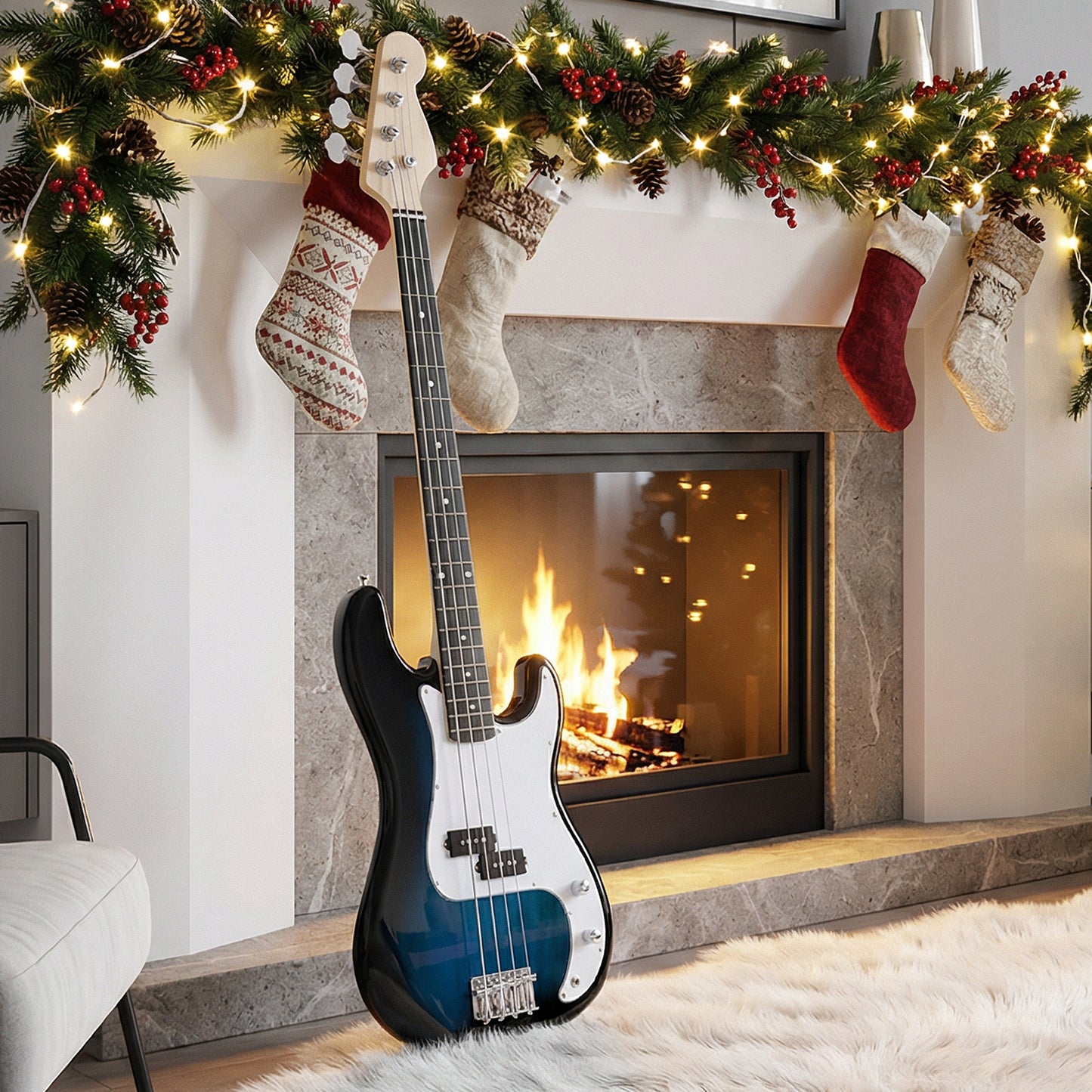 45.5 Inch Electric Bass Guitar with Double Pickups and Gig Bag for Beginners-Blue