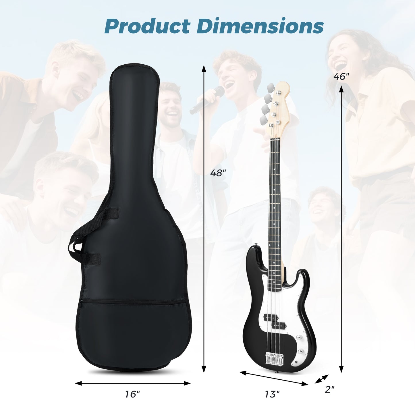 45.5 Inch Electric Bass Guitar with Double Pickups and Gig Bag for Beginners-Black