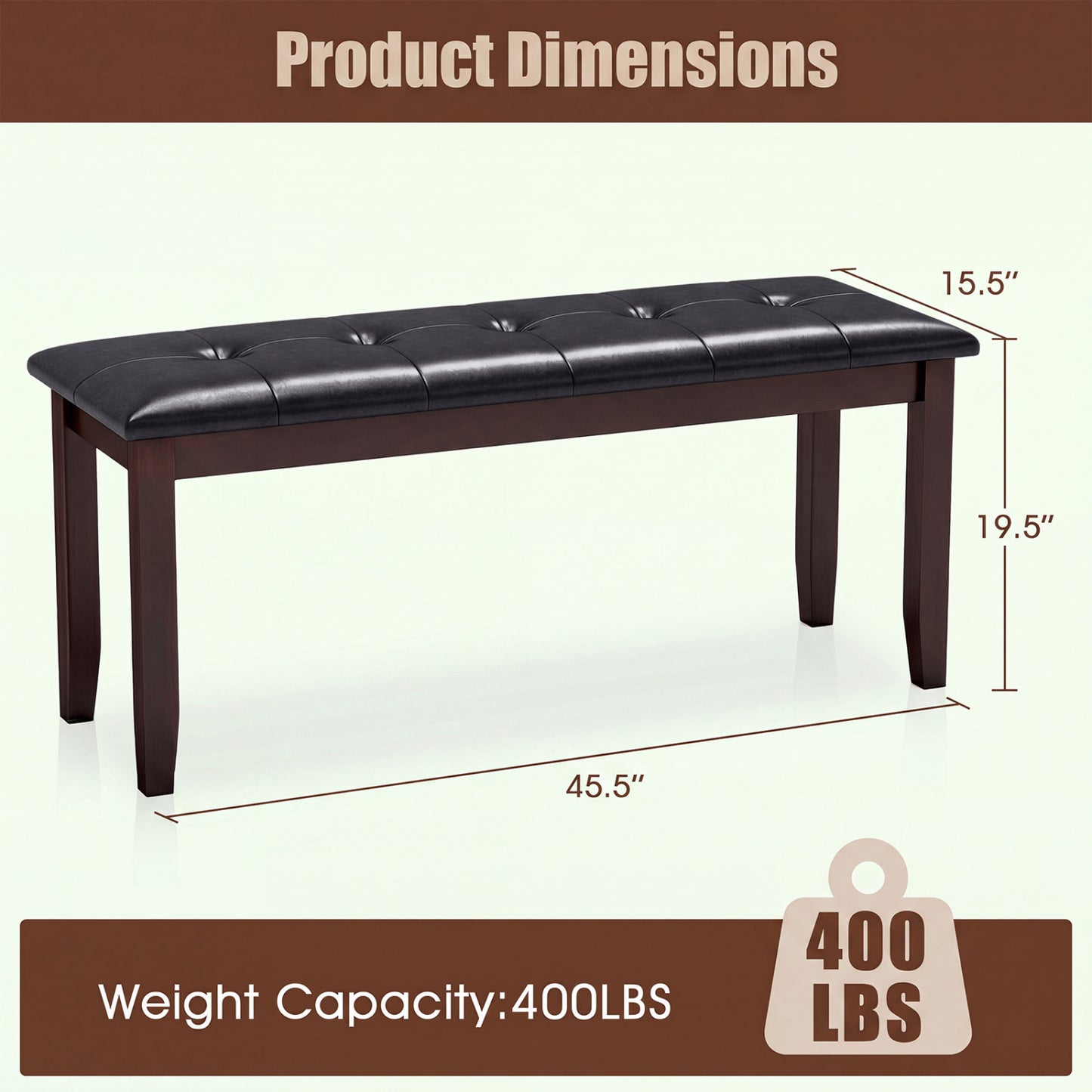 Upholstered Bench with Tufted Seat and Wood Legs, 45.5"