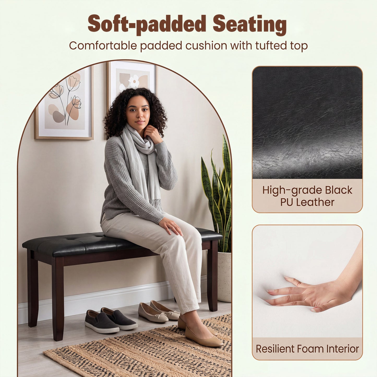 Upholstered Bench with Tufted Seat and Wood Legs, 45.5"