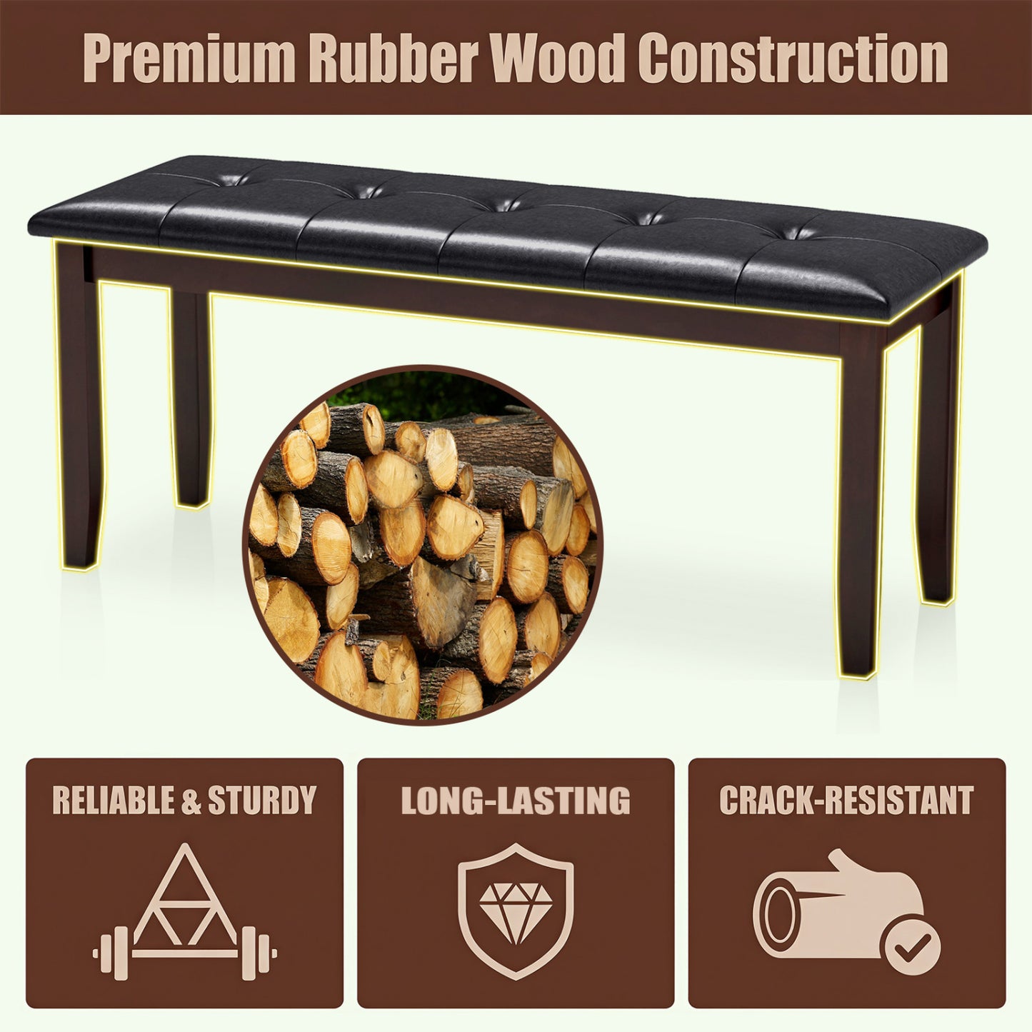 Upholstered Bench with Tufted Seat and Wood Legs, 45.5"