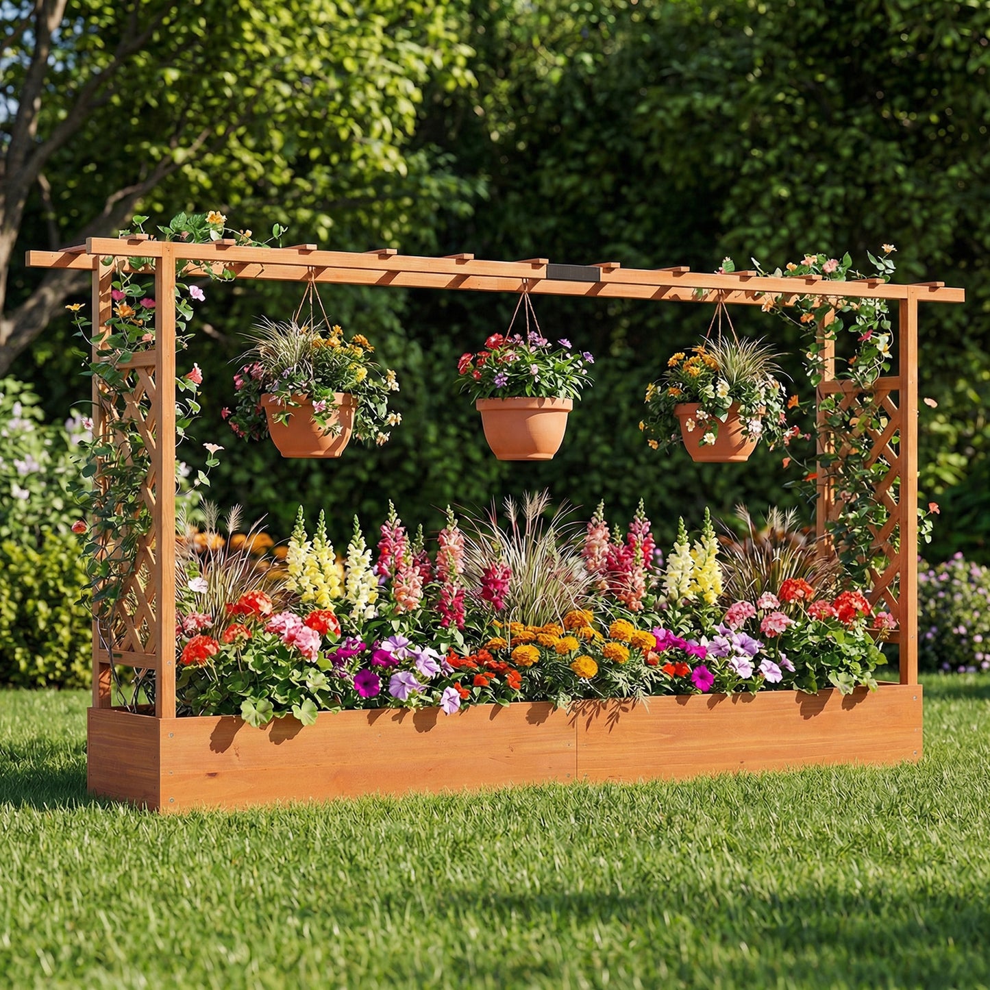 45 Inch Tall Wooden Raised Garden Bed with Side Trellis and Hanging Roof Drainage Holes-Orange