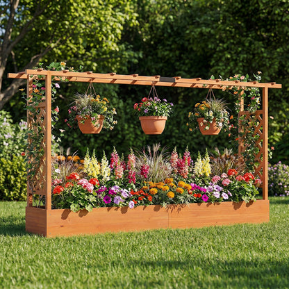 45 Inch Tall Wooden Raised Garden Bed with Side Trellis and Hanging Roof Drainage Holes-Orange