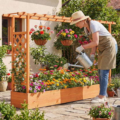45 Inch Tall Wooden Raised Garden Bed with Side Trellis and Hanging Roof Drainage Holes-Orange