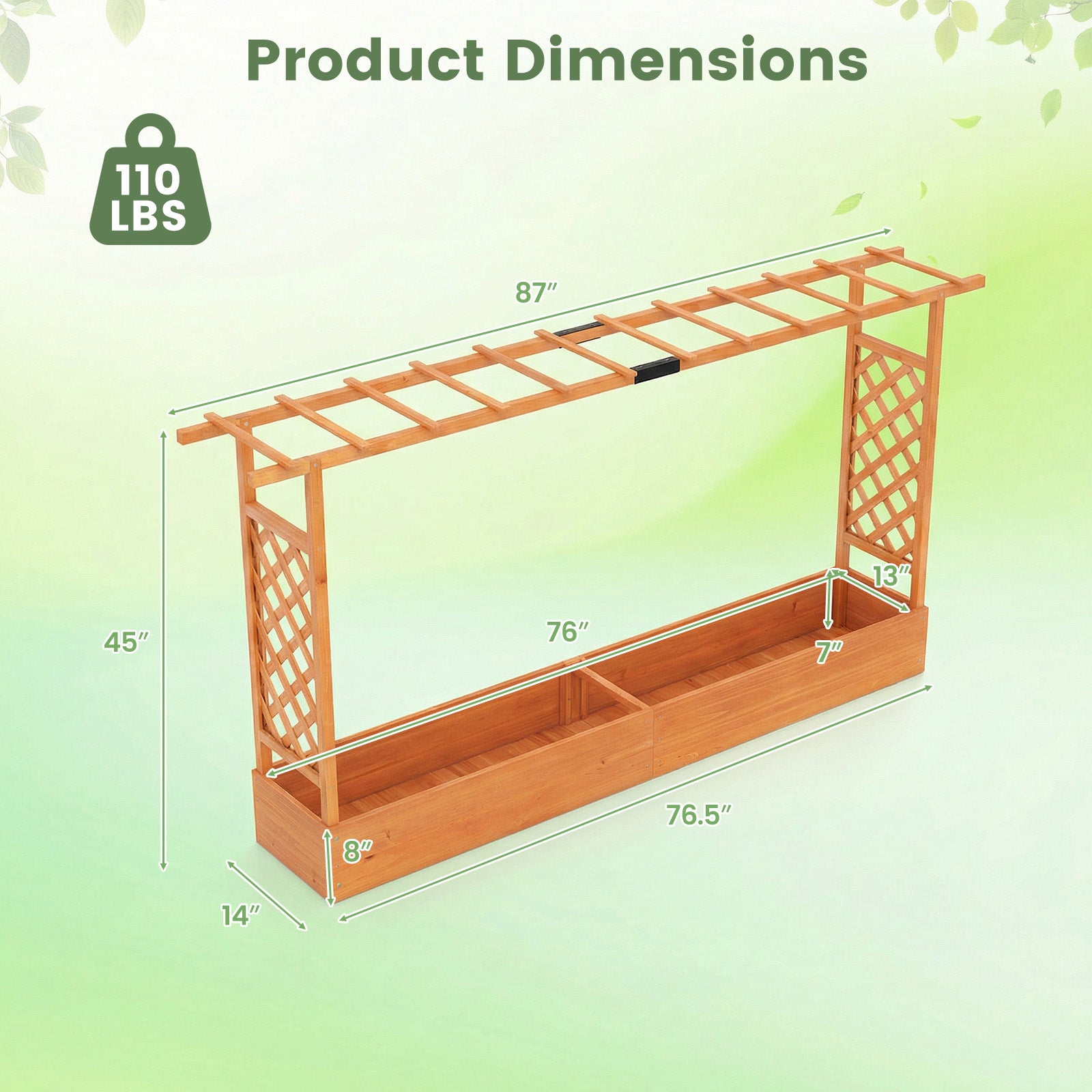 45 Inch Tall Wooden Raised Garden Bed with Side Trellis and Hanging Roof Drainage Holes-Orange