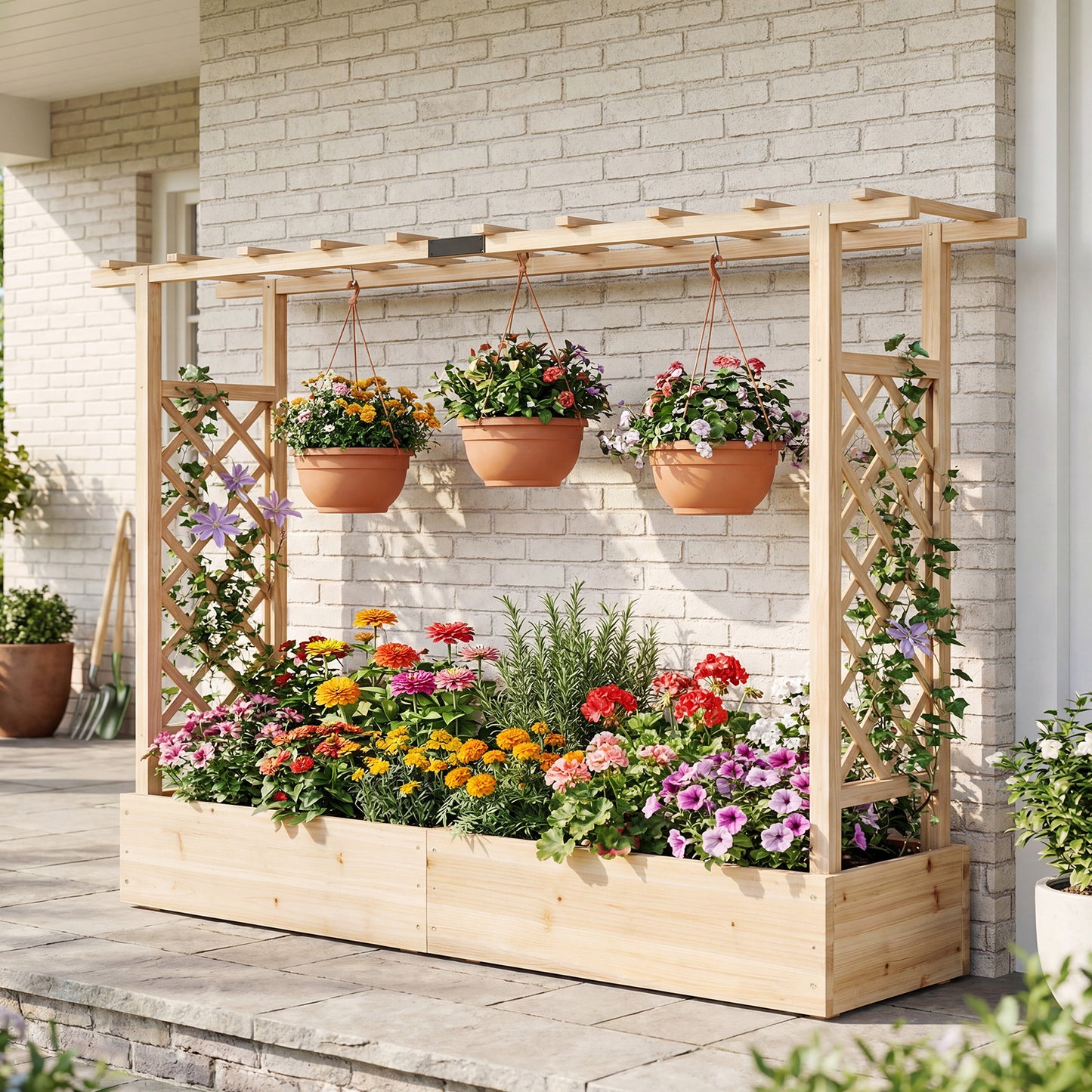 45 Inch Tall Wooden Raised Garden Bed with Side Trellis and Hanging Roof Drainage Holes-Natural