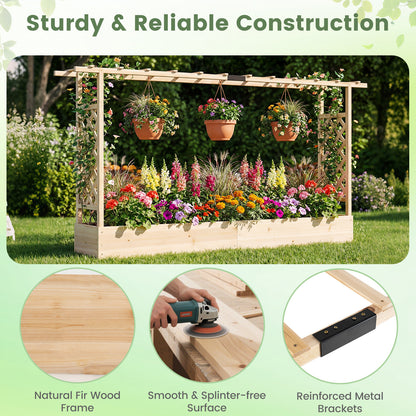 45 Inch Tall Wooden Raised Garden Bed with Side Trellis and Hanging Roof Drainage Holes-Natural