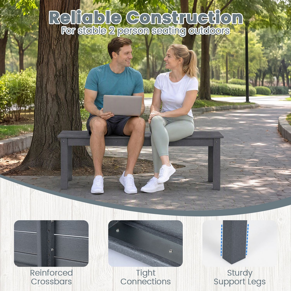 45" Outdoor HDPE Bench with 660 lbs Capacity with Slatted Seat for Patio