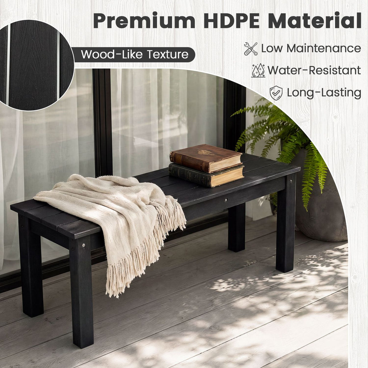 45" Outdoor HDPE Bench with 660 lbs Capacity with Slatted Seat for Patio