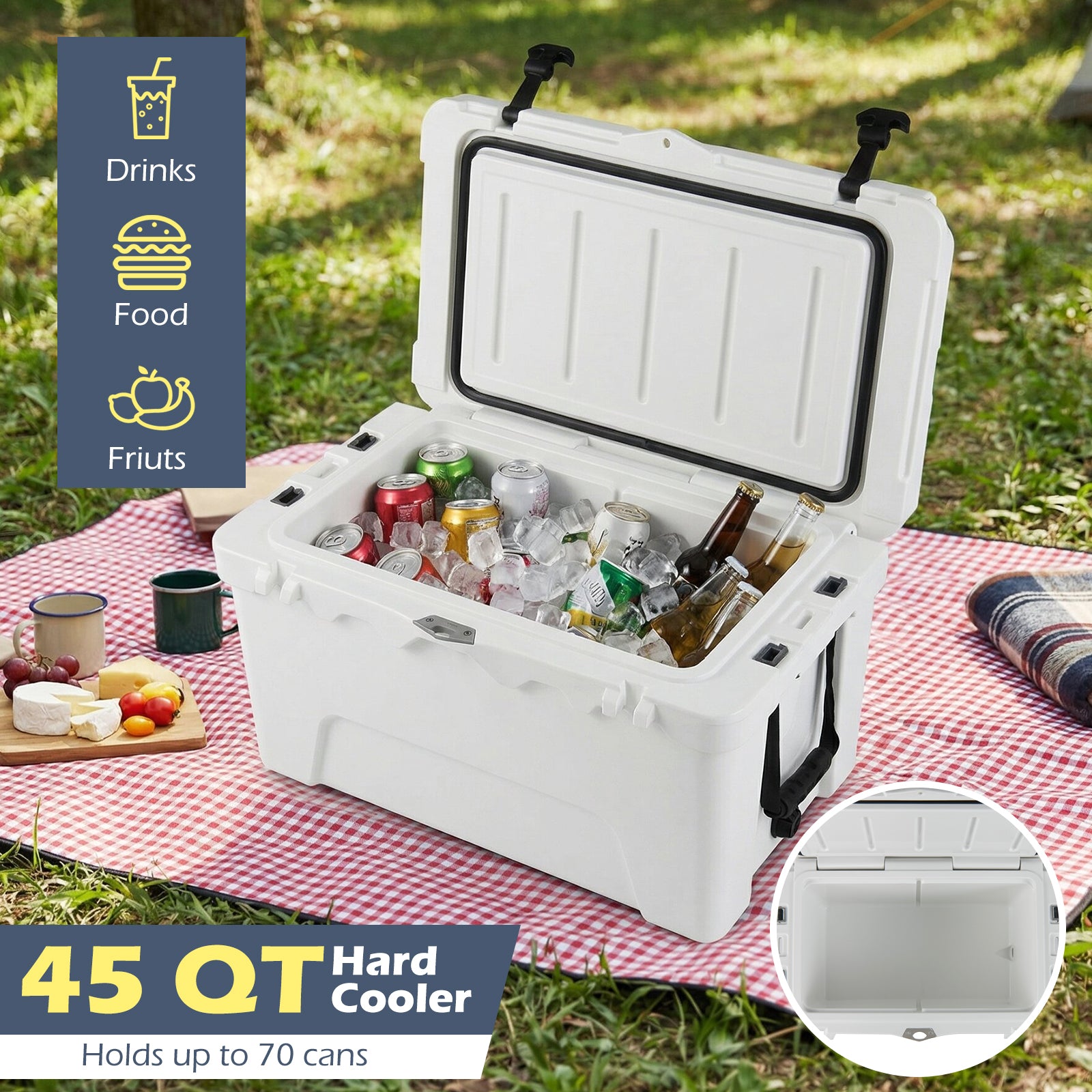 45 Quart Portable Hard Cooler Insulated Ice Chest Keeps Cool for up to 6 Days-White