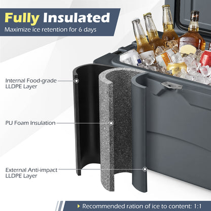45 Quart Portable Hard Cooler Insulated Ice Chest Keeps Cool for up to 6 Days-Gray