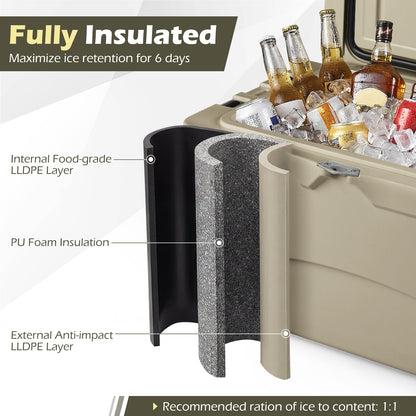 45 Quart Portable Hard Cooler Insulated Ice Chest Keeps Cool for up to 6 Days-Khaki