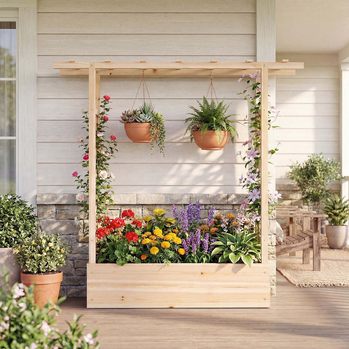45 inch Tall Wooden Raised Garden Bed with Side Trellis and Hanging Roof-Natural
