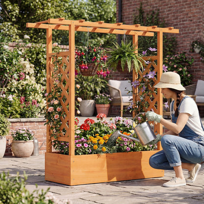 45 inch Tall Wooden Raised Garden Bed with Side Trellis and Hanging Roof-Orange