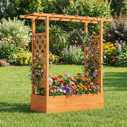 45 inch Tall Wooden Raised Garden Bed with Side Trellis and Hanging Roof-Orange
