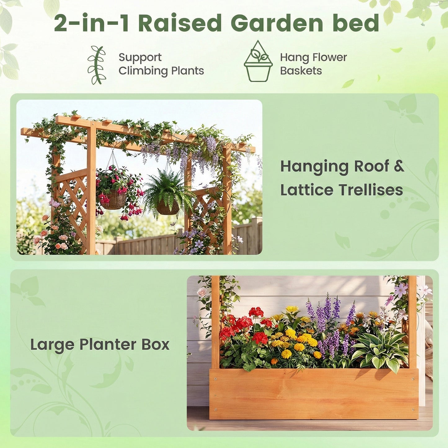 45 inch Tall Wooden Raised Garden Bed with Side Trellis and Hanging Roof-Orange