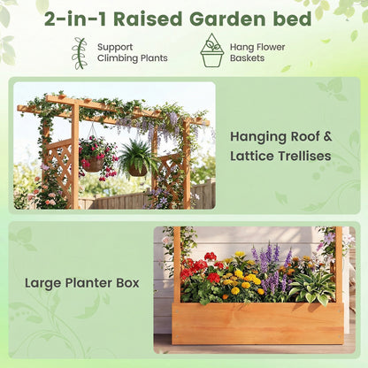 45 inch Tall Wooden Raised Garden Bed with Side Trellis and Hanging Roof-Orange