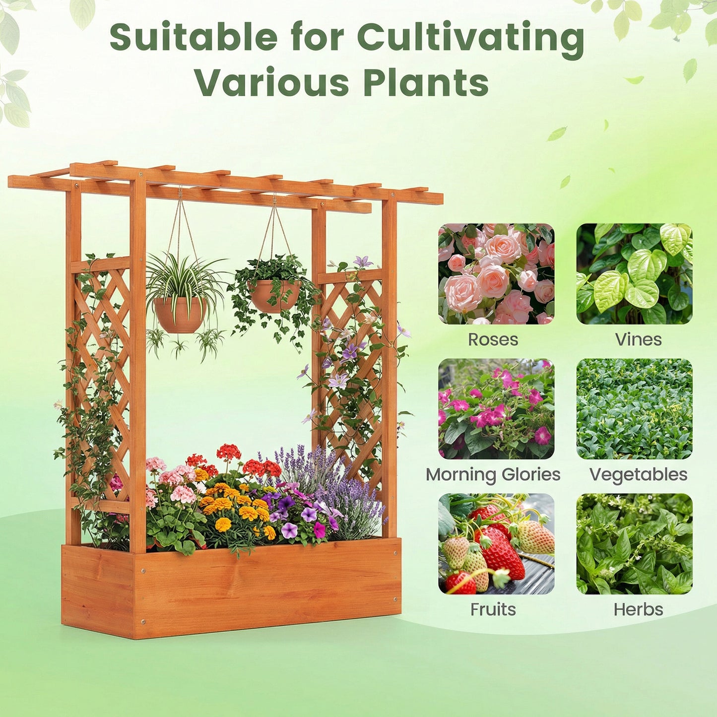 45 inch Tall Wooden Raised Garden Bed with Side Trellis and Hanging Roof-Orange