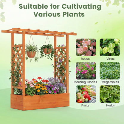 45 inch Tall Wooden Raised Garden Bed with Side Trellis and Hanging Roof-Orange