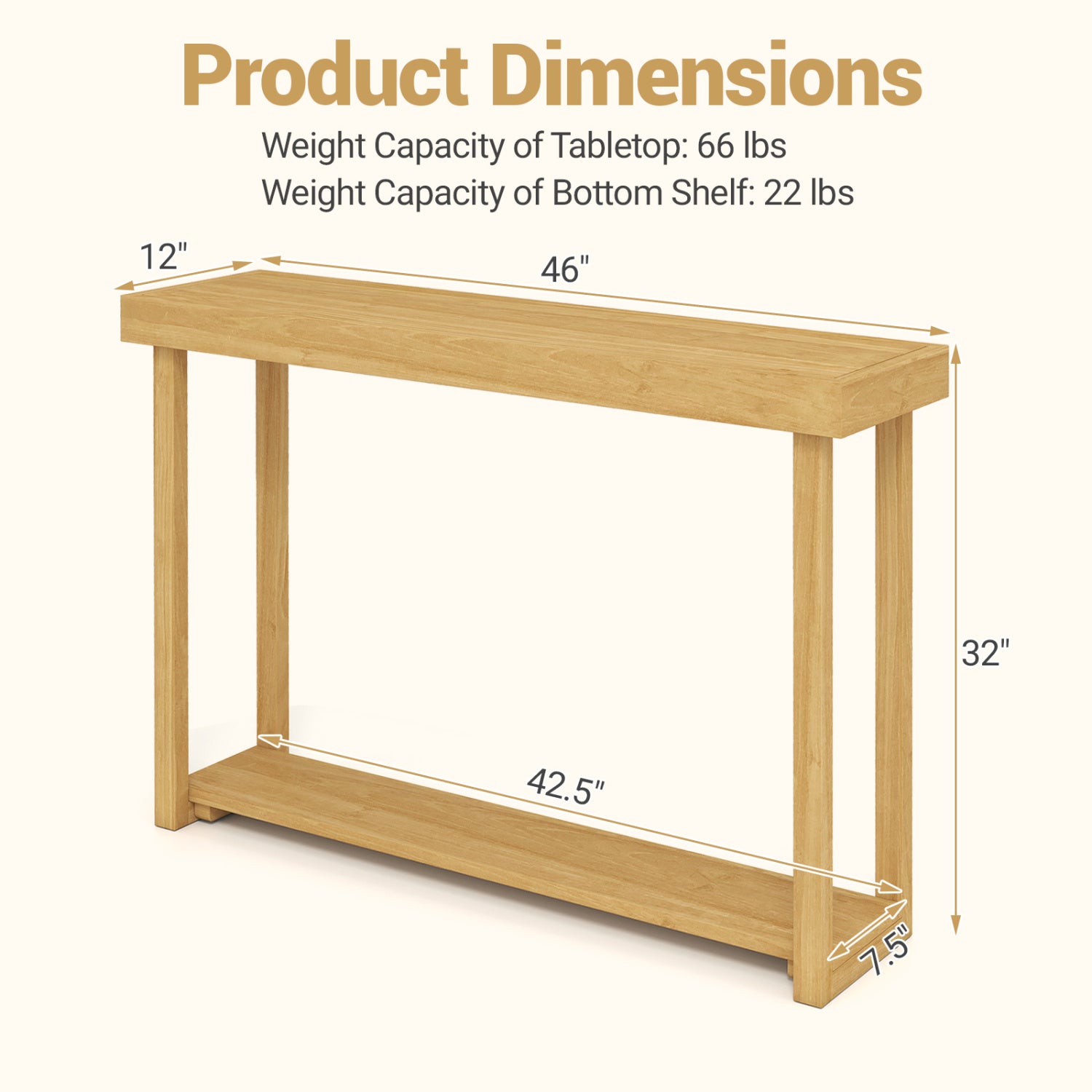 46 Inch Solid Wood Console Table 2-Tier Narrow Farmhouse Sofa Table