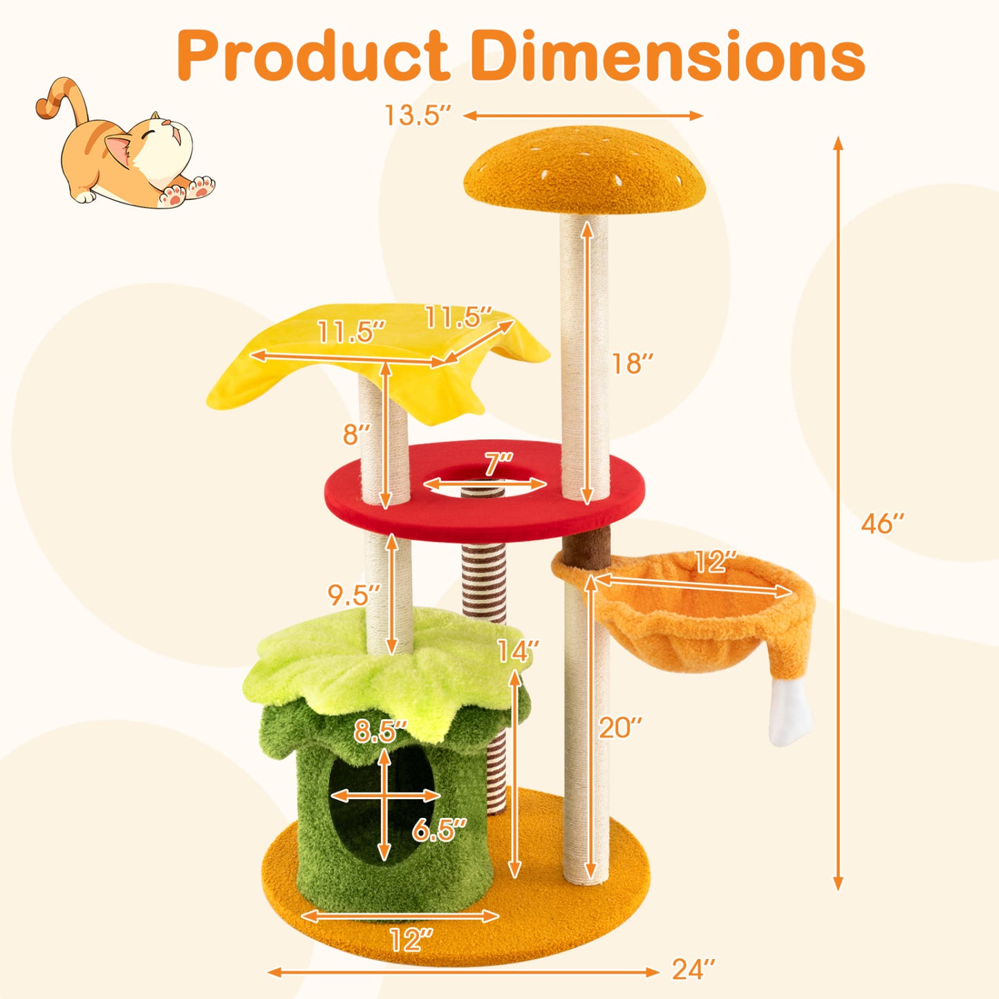 46 Inch Tall Cat Tree Multi-Level with Padded Perch and Hanging Basket Bed