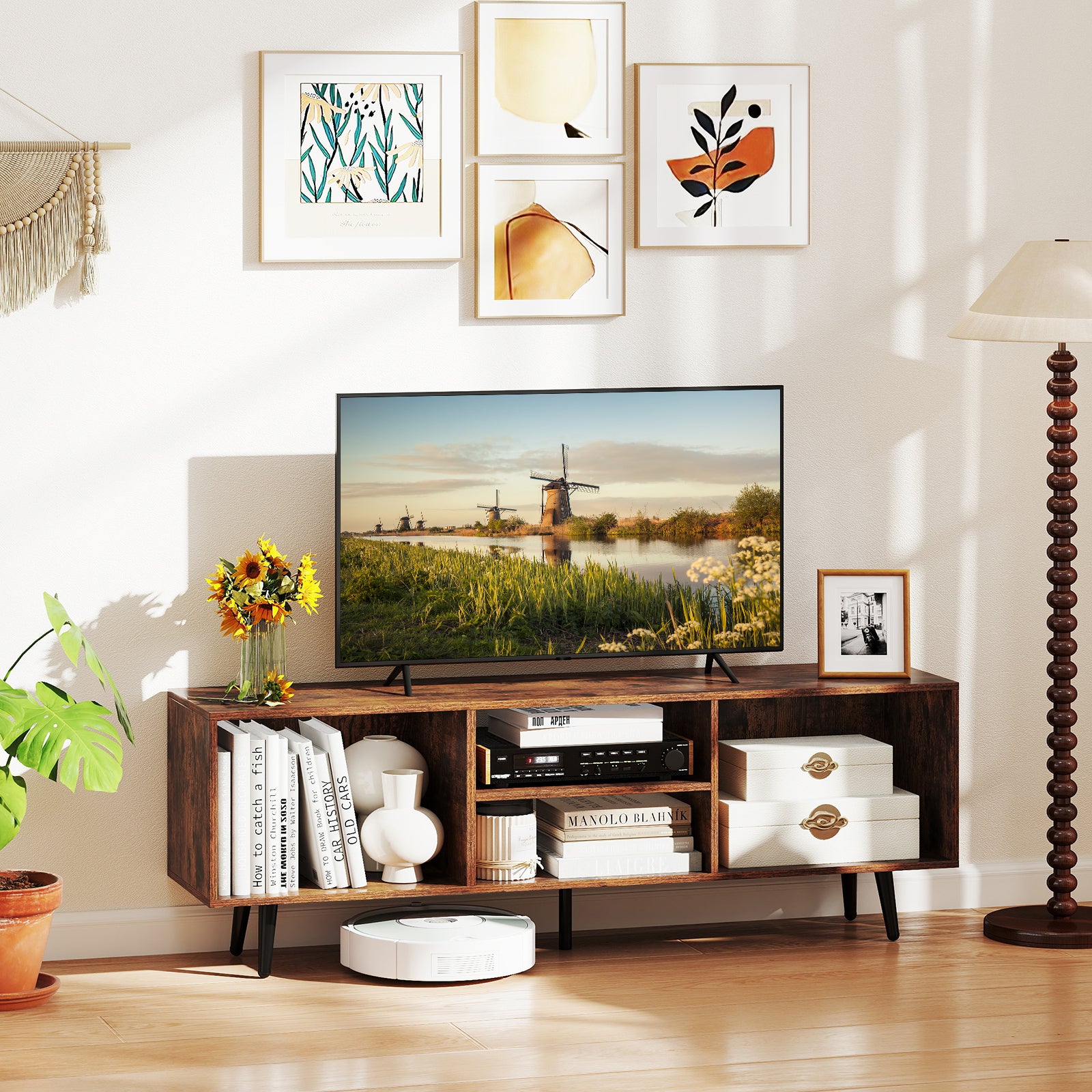 47.5 Inches TV Stand for 55-Inch TV with Compartments and Metal Legs-Rustic Brown