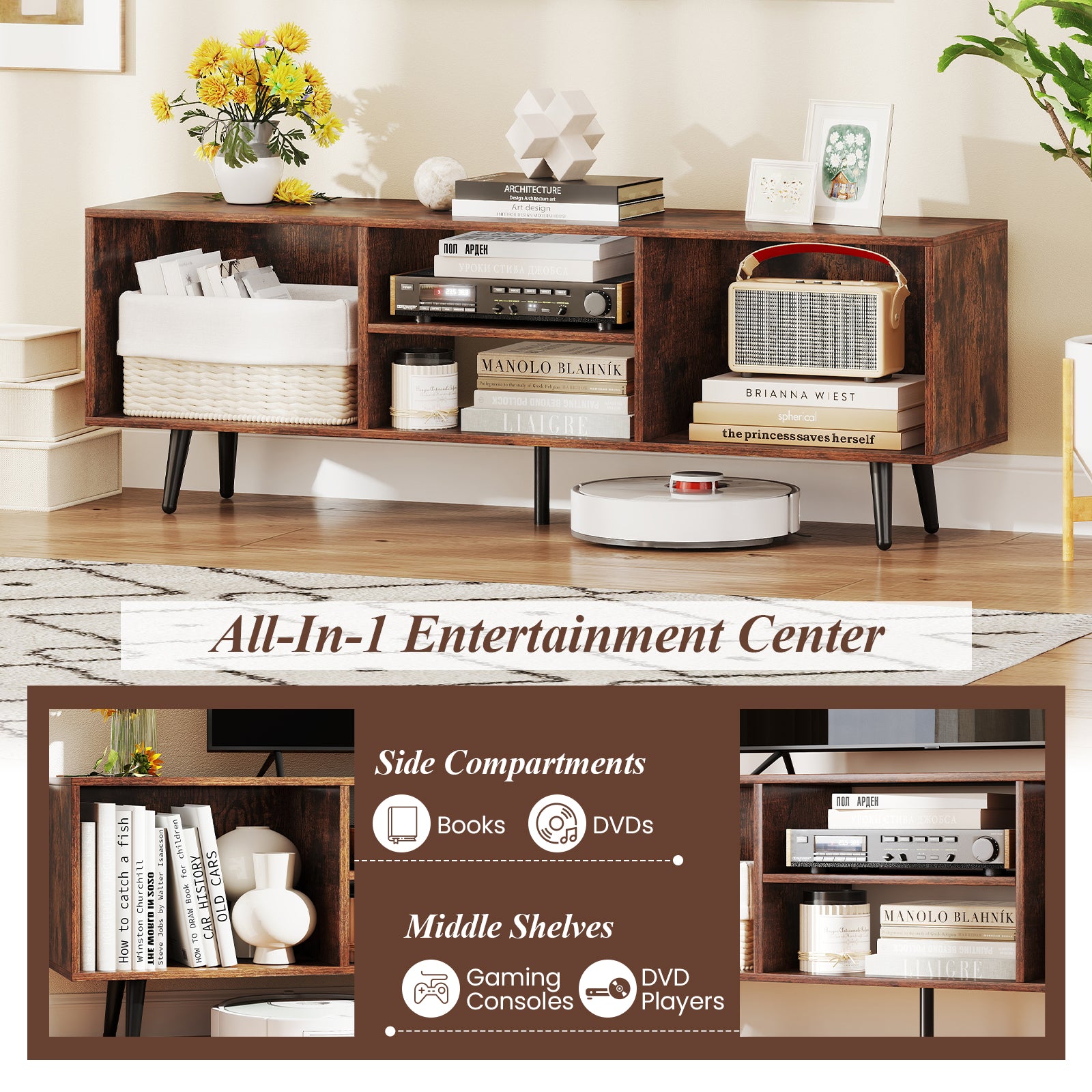 47.5 Inches TV Stand for 55-Inch TV with Compartments and Metal Legs-Rustic Brown
