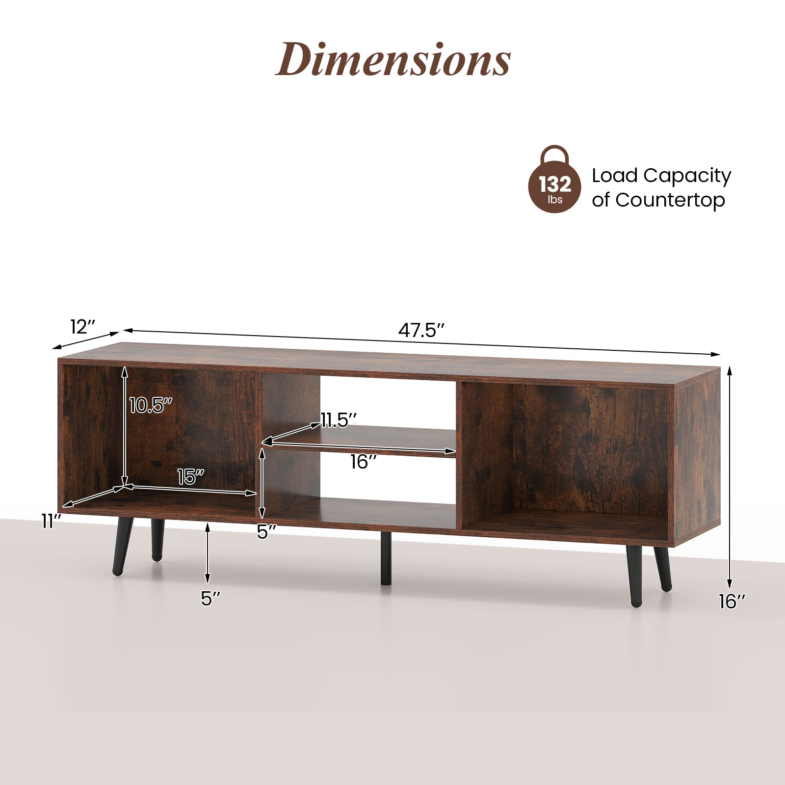 47.5 Inches TV Stand for 55-Inch TV with Compartments and Metal Legs-Rustic Brown