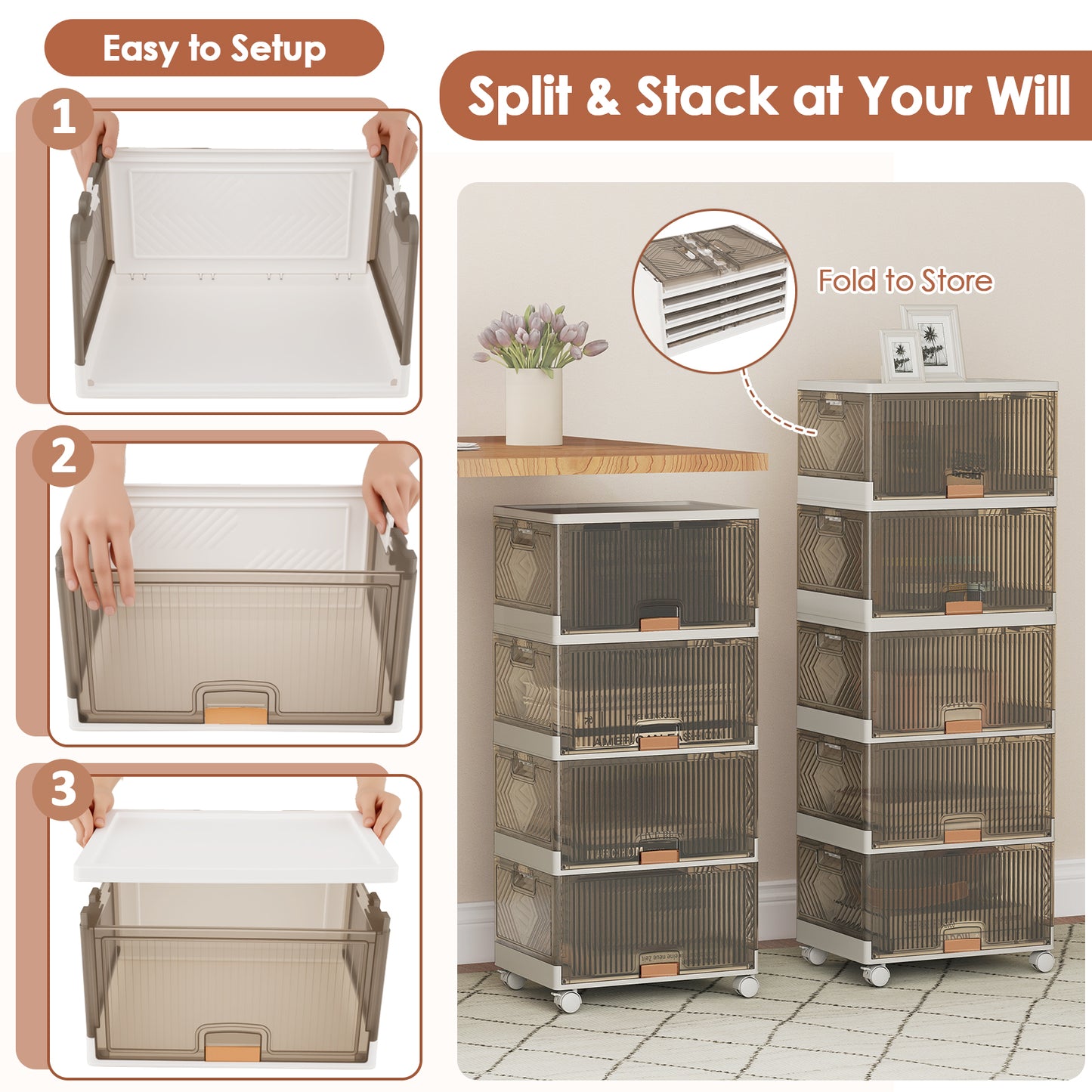 3/4/5/6-Cube Stackable Storage Bins with Detachable Wheels-5 Cube