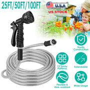 25FT/50FT/100FT Heavy Duty Stainless Steel Garden Hose Garden Watering Kit Metal Water Hose with 2 Nozzles 12 Patterns Flexible Extendable Kink Tangle