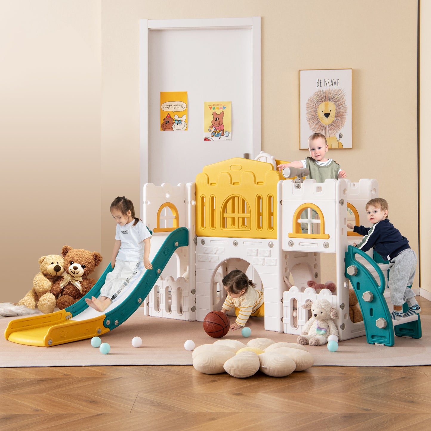 All-in-1 Toddler Slide Playset Playground with Tunnel and Ladder and Basketball-Yellow