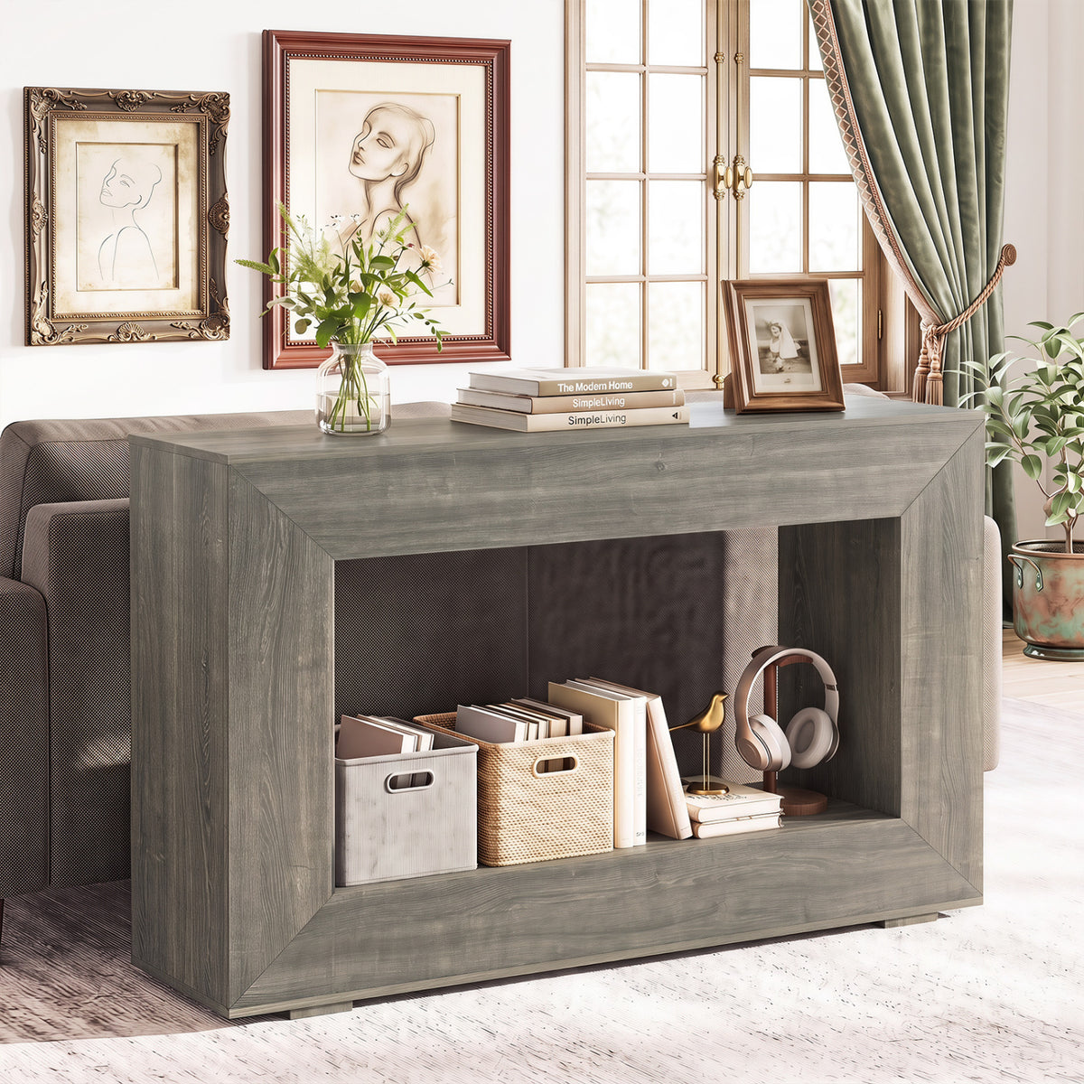 47" Farmhouse Console Table with 2-Tier Open Storage Shelf