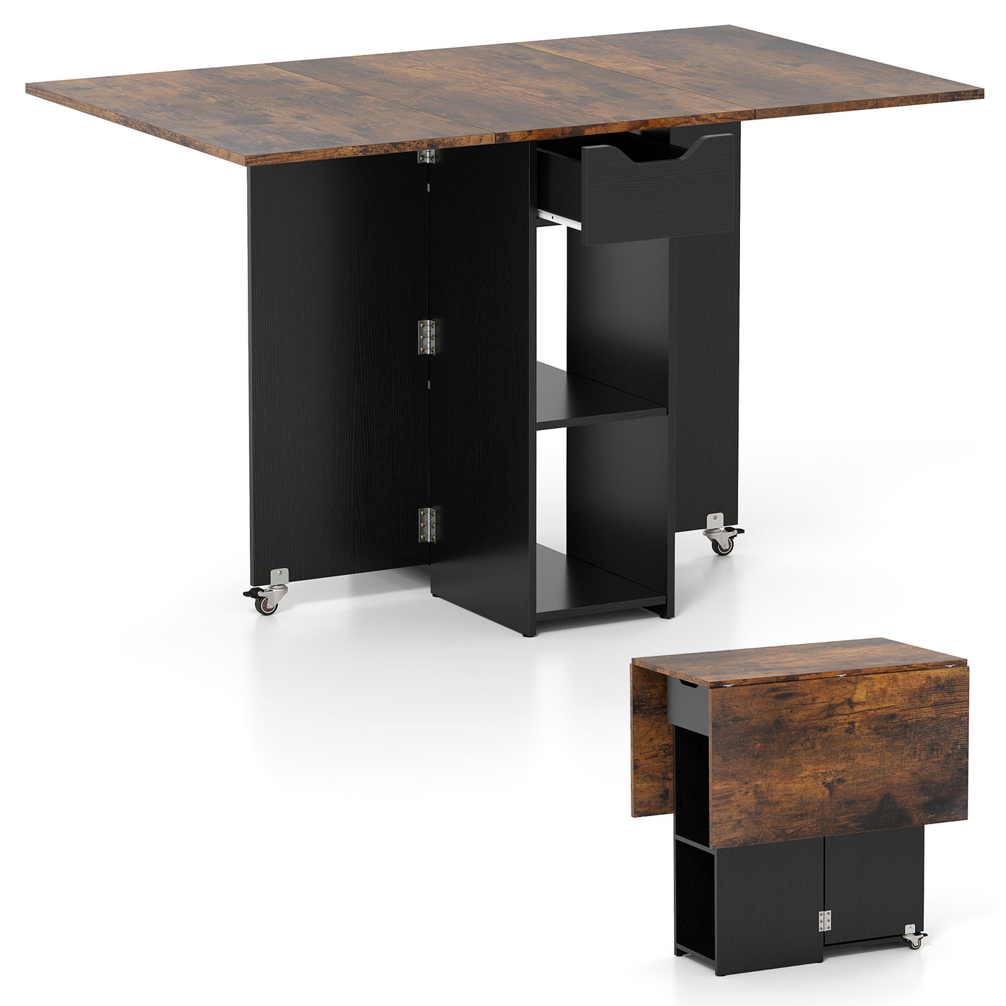 47.5 Inch Farmhouse Extendable Wooden Dinner Table with Lockable Wheels-Rustic Brown