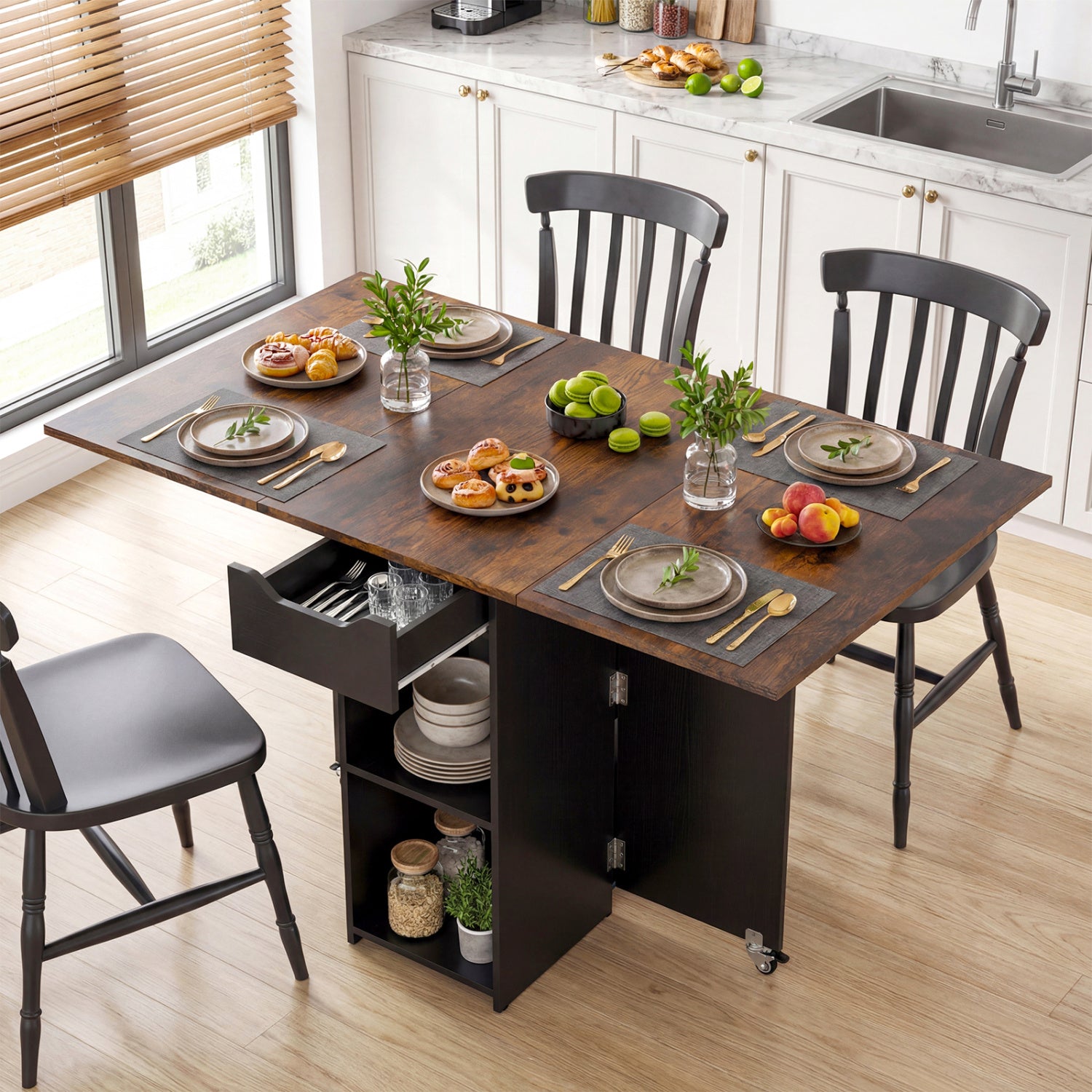 47.5 Inch Farmhouse Extendable Wooden Dinner Table with Lockable Wheels-Rustic Brown
