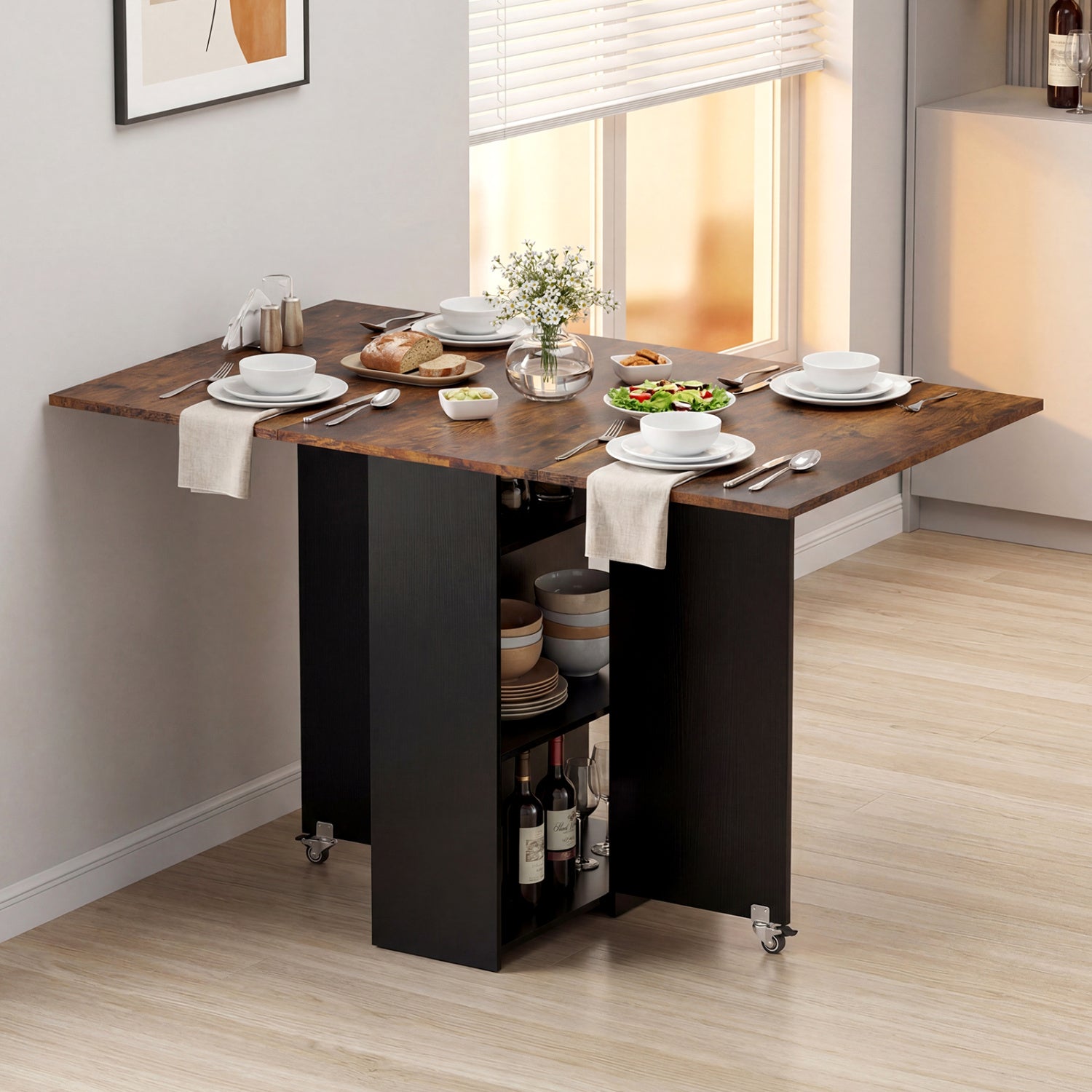 47.5 Inch Farmhouse Extendable Wooden Dinner Table with Lockable Wheels-Rustic Brown