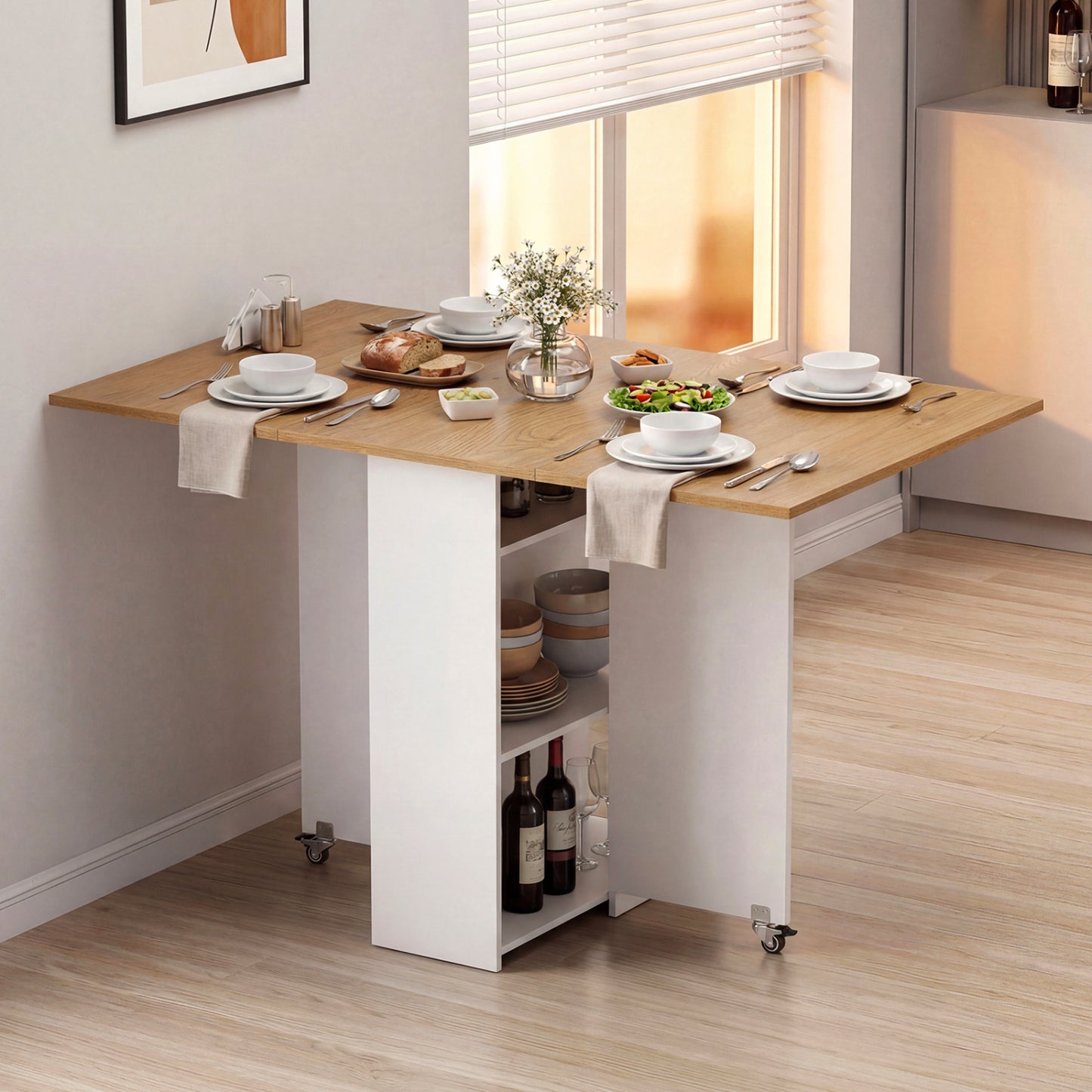 47.5 Inch Farmhouse Extendable Wooden Dinner Table with Lockable Wheels-White