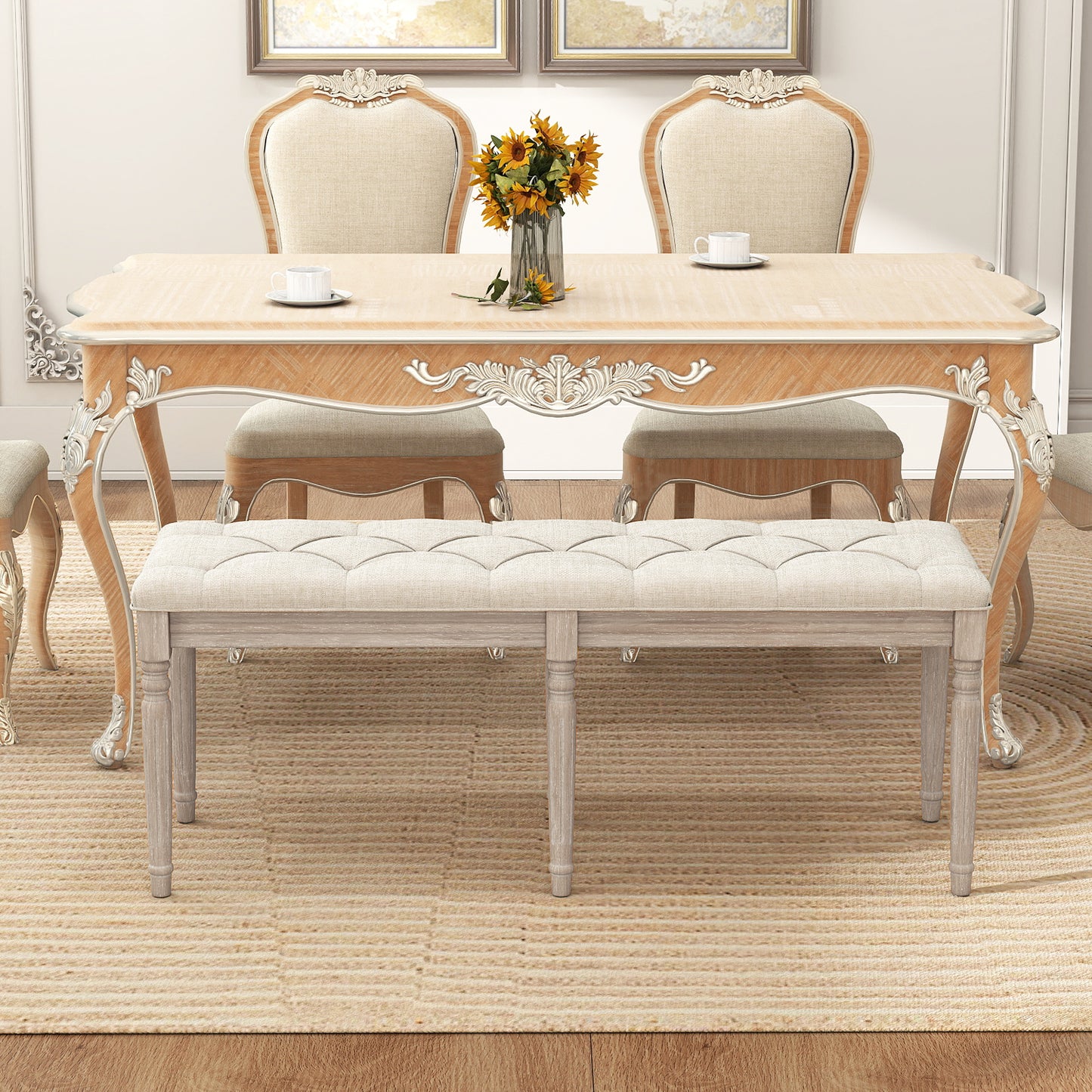 47.5 Inch Upholstered Bench with Carved Rubber Wood Legs and Padded Seat-Beige