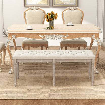 47.5 Inch Upholstered Bench with Carved Rubber Wood Legs and Padded Seat-Beige